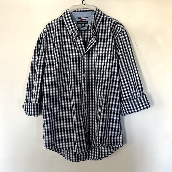 Tommy Hilfiger button down. Navy and white. New with Tags. Size M (12/14) - Picture 1 of 4